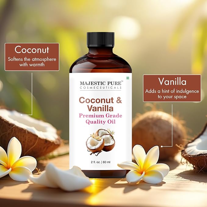 Majestic Pure Essential Oil with Glass Dropper - 100% Pure and Natural - Essential Oils for Diffuser, Aromatherapy, Soap and Candle Making, Coconut Vanilla Essential Oil, Coconut Vanilla Oil, 2 Fl Oz