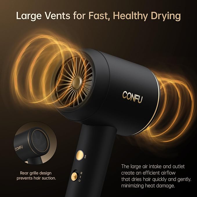 CONFU Diffuser Blow Hair Dryer - 420 Million Plasma Blowdryers for Curly/Fine/Thick/Frizzy Hair - Professional 1600 Watt Ionic Hairdryers Handheld Lightweight (Black)
