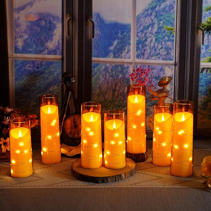 Eebuss Flameless Candles with Embedded Star String, Battery Operated LED Pillar Candles with Timer and Remote Control,Home Decorating for Ambiance， Set of 9 (Gold)