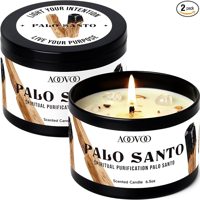 AOOVOO 2 Pack Palo Santo Candles – Cleansing Candle with Crystals & Palo Santo Wood Inside, 13oz 100 Hours Long Lasting, Non Toxic Candle for Spiritual House Energy Meditation Yoga