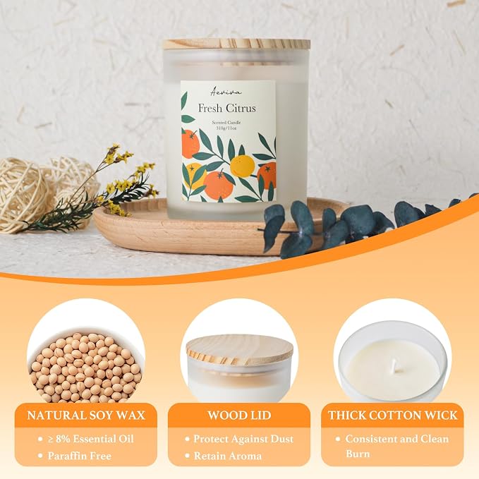 Fresh Citrus Scented Candle, 11oz 60 Hour Burn, Natural Soy Wax with Thick Cotton Wick, Highly Scented Aromatherapy Candle for Stress Relief & Meditation, Gifts for Women & Men