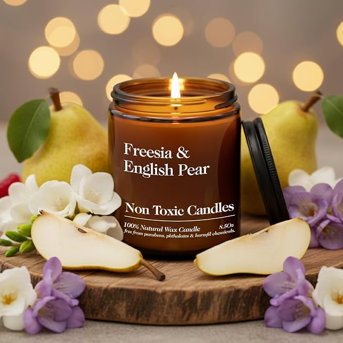 Hand Poured Non Toxic Candles - Freesia & English Pear Fall Candles with Premium Natural Wax - Aromatherapy Scented Candles with Wild Peonies, Sweet Amber & Vanilla Notes - 8.5 Oz, 45 Hrs Burn Time