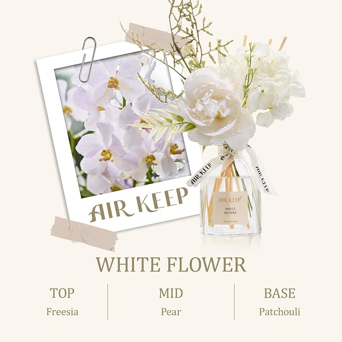 Airkeep Flower Reed Diffuser Set, White Flower Diffuser Gift Set,4.06 fl oz Essential Oil Sticks Diffusers for Bathroom Air Freshener, Aromatherapy Home Fragrance for Shelf Decor,Gift for Women Mom