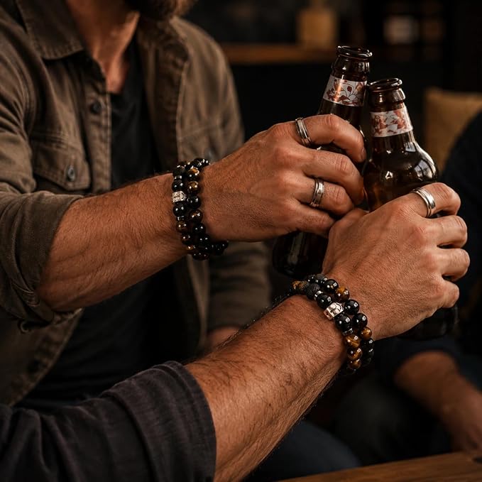 Beaded Bracelets for Men, Cross Hematite Bracelet Set, 8MM Tiger Eye Black Obsidian Lava Rock Essential Oil Diffuser Bracelet for Him(Cross Obsidian)