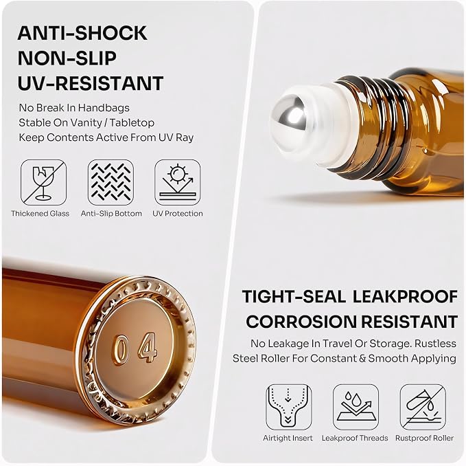 Roller Bottles for Essential Oils Roll On Bottles 8 Pack, 10ml Oil Roller Bottle Amber Thick Glass Empty with Oil Perfume Lip Gloss DIY Kits Boho Stickers Leak-Proof Refillable for Travel, Gift