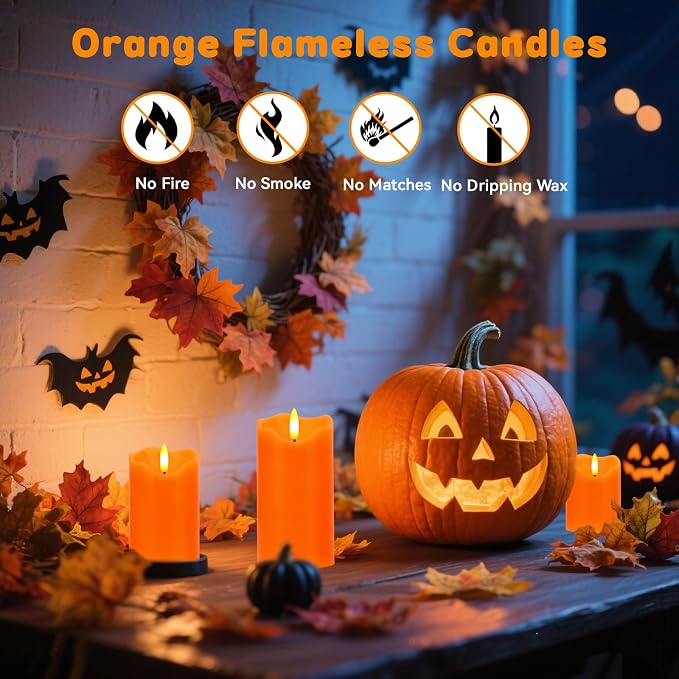 Flameless Candles Lights, Set of 3 Orange Flickering LED Candles with Remote & Timer, Dimmable LED Pillar Candles Battery Operated, Electric Candles for Fall Halloween Thanksgiving Decor (Orange)