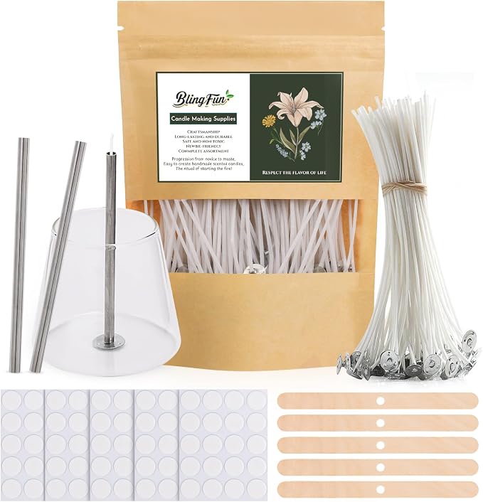 200pcs Natural Candle Wick kit,100pcs Wick Stickers with 5pcs Wick Holders and 2pcs Wick Placing Tube，for Soy Wax, Beeswax, Coconut Wax - DIY Candle Making Supplies for Beginners & Professionals