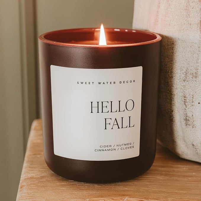 Sweet Water Decor Hello Fall Candle, Large 15oz Jar, Non-Toxic Soy Blend Wax Scented with Apple Cider & Spice, Long-Lasting Autumn Candle, Fall, Halloween & Thanksgiving Gift for Women, 70+ Hour Burn