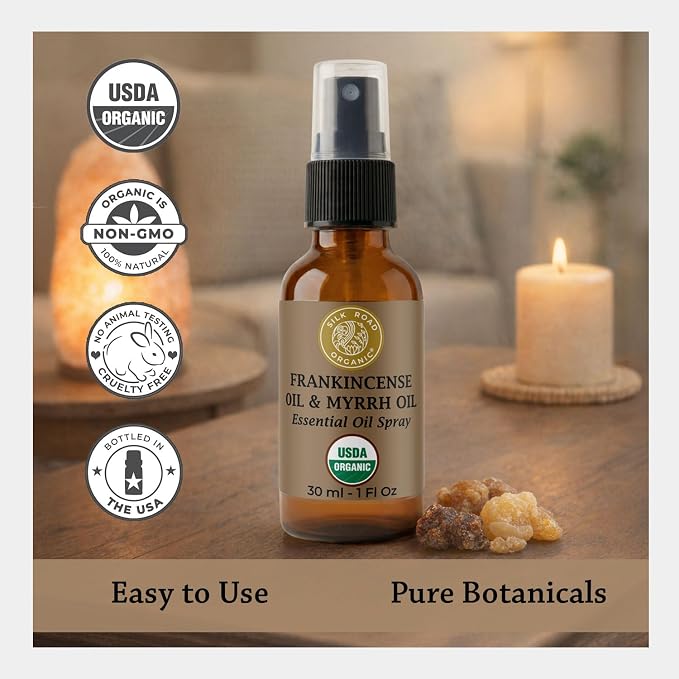 Silk Road Organic Frankincense Oil & Myrrh Essential Oil Spray, 100% Pure USDA Certified Aromatherapy for Body Aches, Stiffness & Tingling, Stress, & Skin - 1 Oz Spray