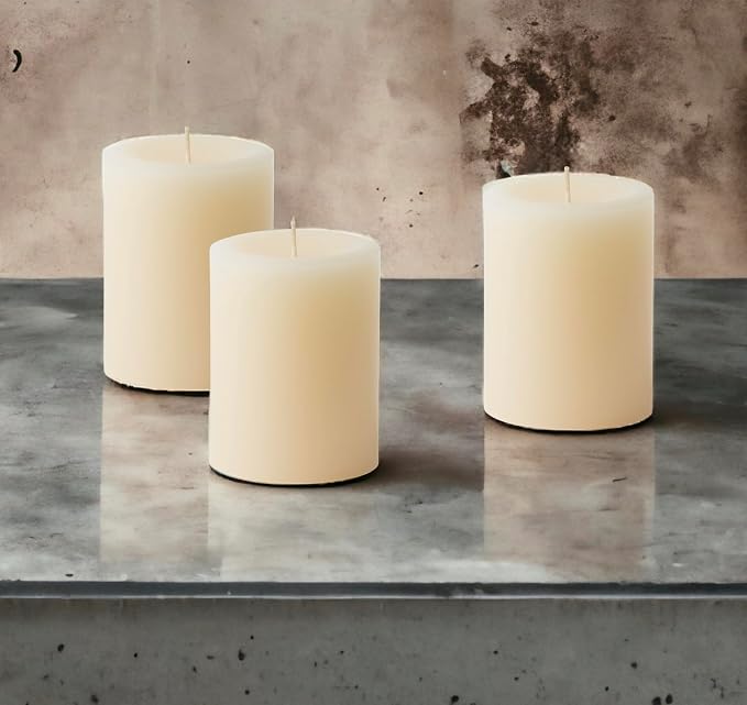 Mister Candle Dripless Unscented Ivory Pillar Candles, Set of 3 Hand Poured Solid Color Non-Scented Candles for Home Decor, Premium Wax, 60 Hr Burn Time - 3x4 Inch, Ivory