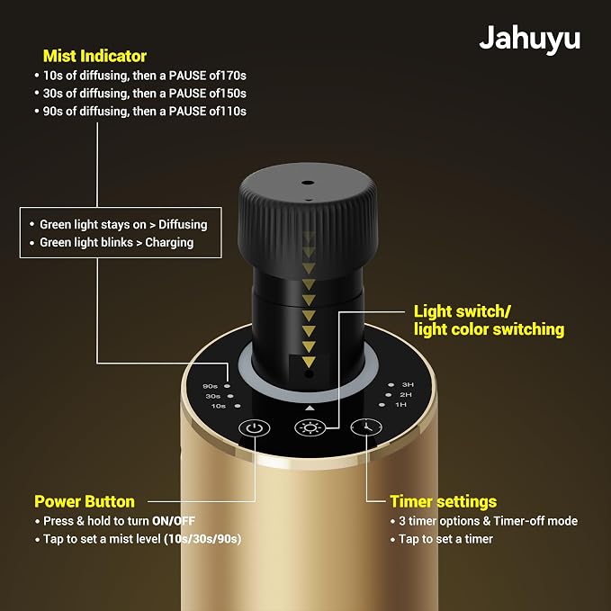 Waterless Essential Oil Diffuser Scent Aromatherapy Diffusers for Home, Car, Aluminum Alloy Battery Operated Cordless Air Freshener, 4 Timers & 3 Mist Levels, 5/10/20ml Capacity (Gold)