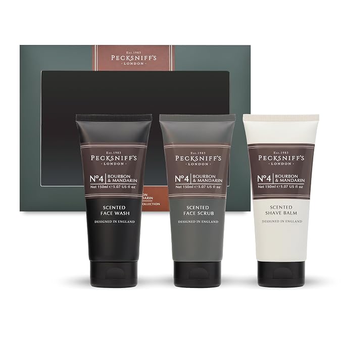 Pecksniff’s Men’s Trio Face Collection – Bourbon & Mandarin – Face Wash, Face Scrub & Shave Balm Gift Set, 3 x 75ml