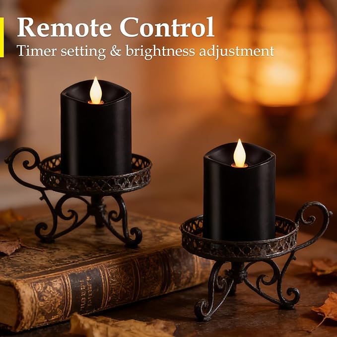 Black Flameless LED Candles - 3" x 4" Real Wax, Battery Operated with Remote Timer, 3D Flickering, Lasts 600+ Hours, Halloween & Christmas Deco (Black, 3"*4"-2pcs)