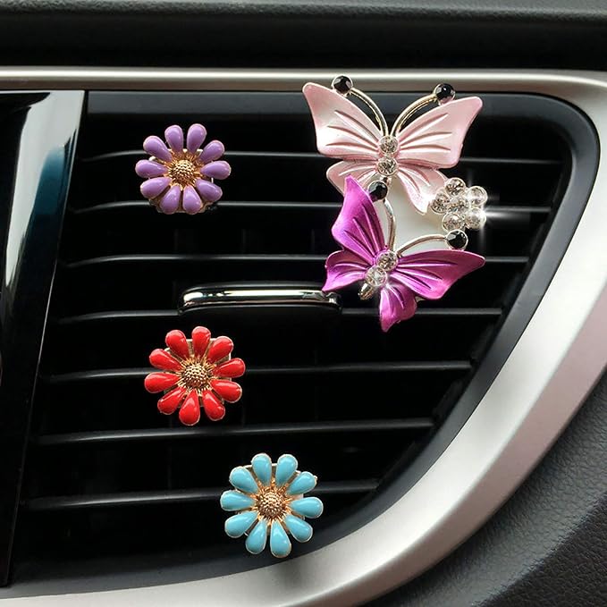 Bling Butterfly Car Air Vent Clip, Cute Rhinestone Air Freshener Clip, Glam SUV Outlet Vent Decorations, Charm Car Inter Decor Accessories for Girls Women (2Pink + 2Blue)