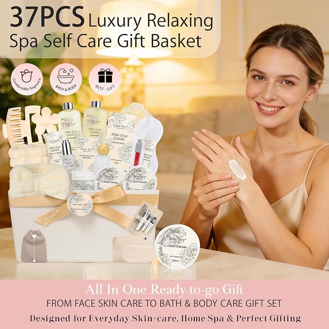 37 Pcs Bath Spa Gifts for Women, Mothers Day Gifts, WHITE ROSE JASMINE Bath & Body Gift Basket, Face Skin Care Kit, Home Spa Gift Set, Self-Care Kit, Necklace, Birthday, Christmas, Anniversary