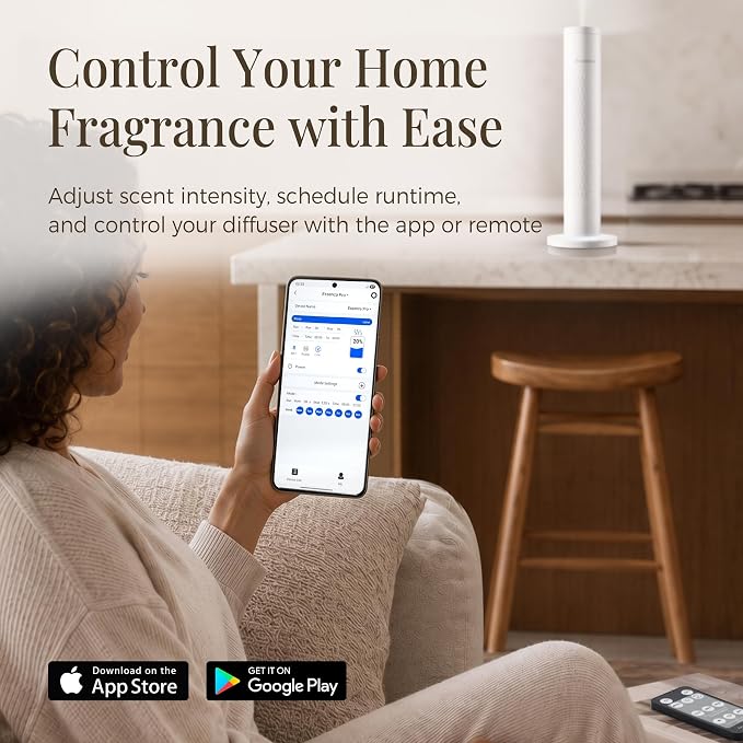 Waterless Scent Diffuser with 5 Essential Oils Starter Kit, Cold Air Diffuser Up to 1000 Sq.ft for Large Room, Home Office, Hotels,Spas, Cordless Scent Machine with App Control, Mood Light