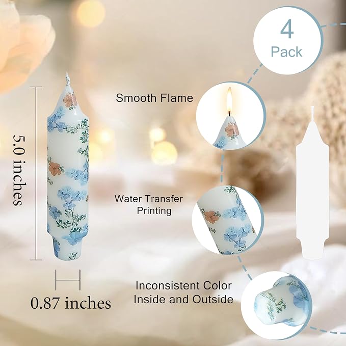5 inch Short Candle Blue Floral Candle Sticks Printed Candlestick Handmade Unscented Taper Candle 4 Pack Blue Flower Tapered Candles for Home Dinner Wedding Holiday
