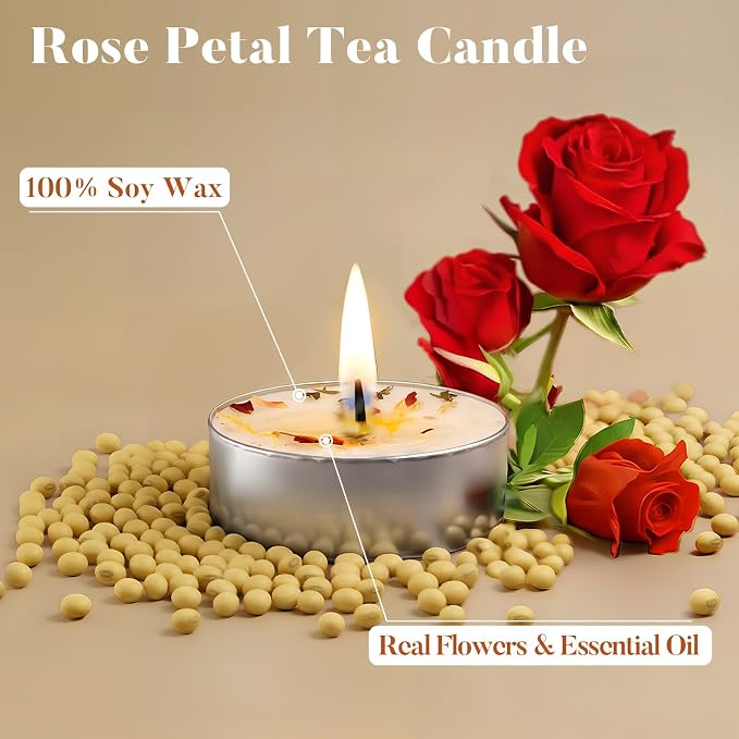 48 Pack Rose Tealight Candles, Petals-Infused with Real Rose Petals, Natural Soy Wax 4-Hour Clean Burn, Smokeless for Relaxation, Wedding & Home Decor