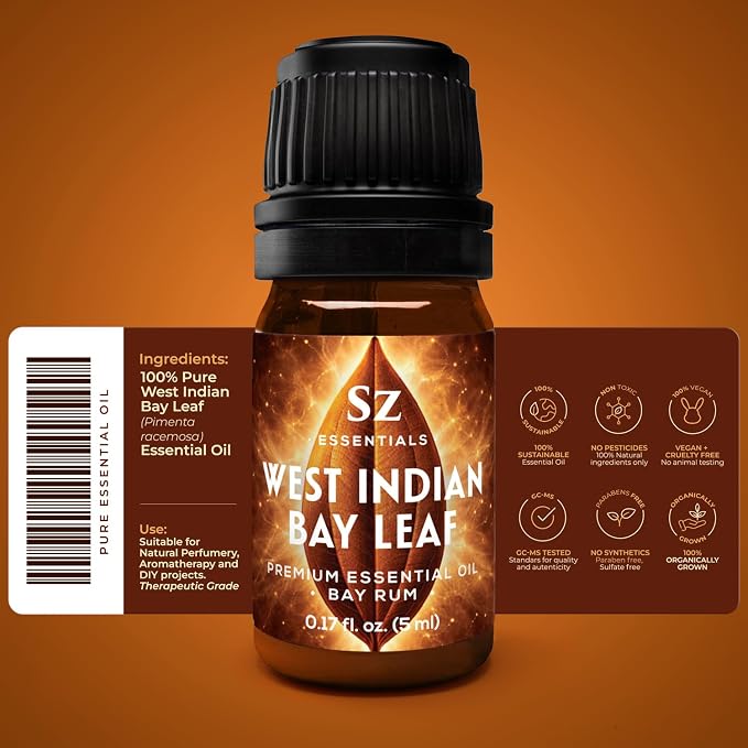 West Indian Bay Leaf Essential Oil (Pimenta racemosa) – Bay Rum – 100% Pure & Steam Distilled – Warm, Spicy & Herbal Aroma – Magical Energy Cleansing Oil – Therapeutic Grade (5mL)
