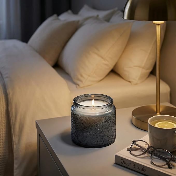 10 oz Gray Sun Moon Stars Candle Jars with Metal Lids, 9 Pack | Patented Embossed Design, Includes Wick Centering Devices & Warning Labels, Multiple Color Options