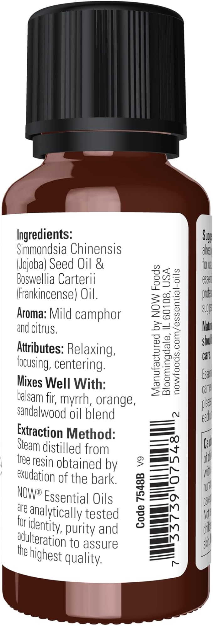NOW Essential Oils, Frankincense Oil Blend, 20% Blend of Pure Frankincense Oil in Pure Jojoba Oil, Centering Aromatherapy Scent, Steam Distilled, Vegan, Child Resistant Cap, 1-Ounce