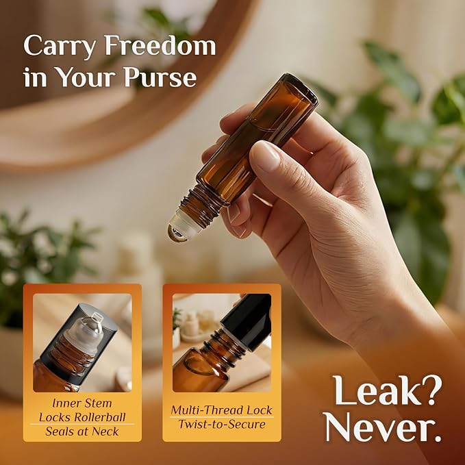 PrettyCare Set of 120, Bulk 10 ml Essential Oil Roller Bottles with Stainless Steel Roller Ball - Refillable Leak-proof Empty Thick Amber Glass Roll on Bottles with Black Caps for Travel, Perfume