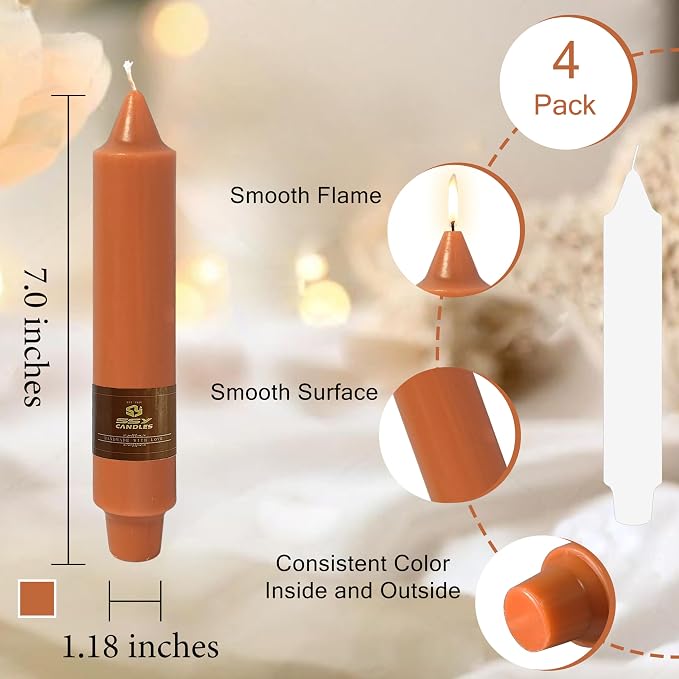 Earth Tone Short Chunky Taper Candles 7 Inch Pumpkin Color Candlesticks Fat Candles Handmade Clean Burning Unscented Candles for Fall Harvest Halloween Thanksgiving Dinners Parties and Home Décor