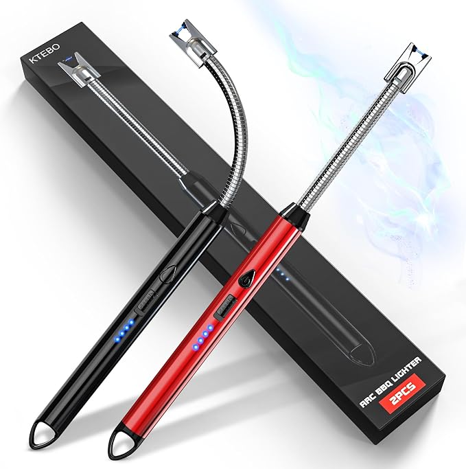 KTEBO 2 Pack Electric Candle Lighter, Windproof Plasma Arc Rechargeable | USB-C Flameless Plasma Lighter, 360-Degree Flexible Long Gooseneck, LED Battery and Safety Lock for Candles, Grill, Camping