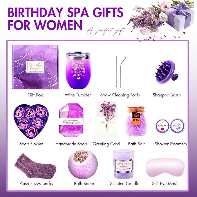 12 Piece Spa Gifts Set for Women, Self Care Gift Basket for Mom Wife Her, Relaxing Gifts with Eye Mask, Water Bottle, Bath Bombs, Aromatherapy for Valentines Day, Birthday, Christmas (Lavender)
