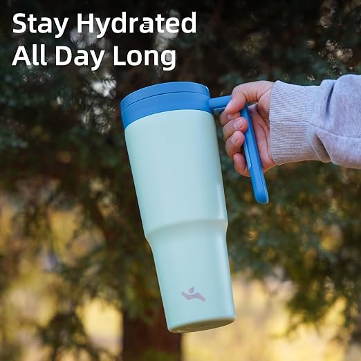 Konokyo Insulated Tumbler with Handle and Straw,40 OZ Vacuum Stainless Steel Water Bottle Travel Mug Metal Cup with Fruit Diffuser,Mist Blue