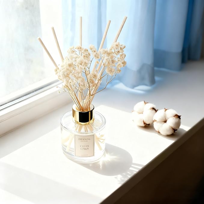 Reed Diffuser Set - 3.38 fl Oz Clean Linen Scent Aromatherapy Oil with Preserved Baby's Breath & Cotton Sticks | Home Fragrance for Bedroom, Bathroom, Living Room | Gift Ready Decor