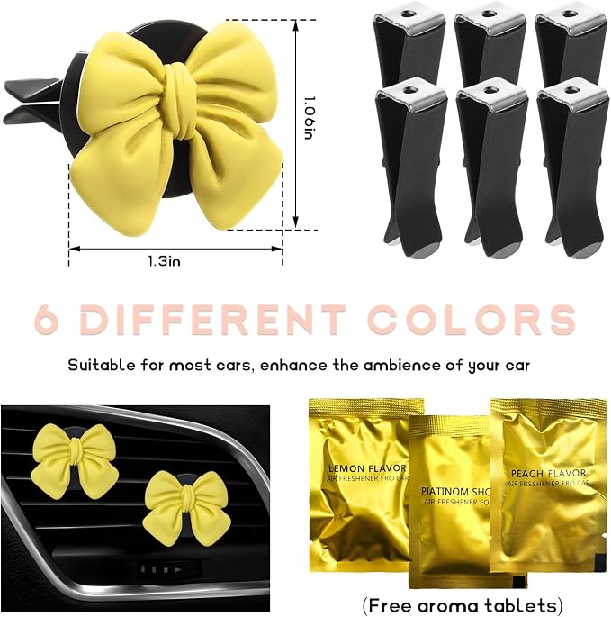 KVAEY 9 PCS Pink Bow Car Air Freshener, Automotive Cute Pink Bow Air Outlet Clips with Scent Pieces, Universal Coquette Car Air Vent Diffuser for Women and Girls (Yellow)