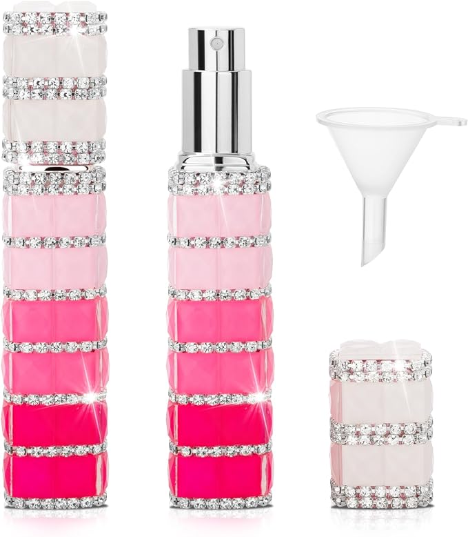Travel Perfume Atomizer Refillable Bottle, 12ml Rhinestone Mini Perfume Bottles Empty Refillable Travel Atomizer Sprayer with Funnel (Pink White)