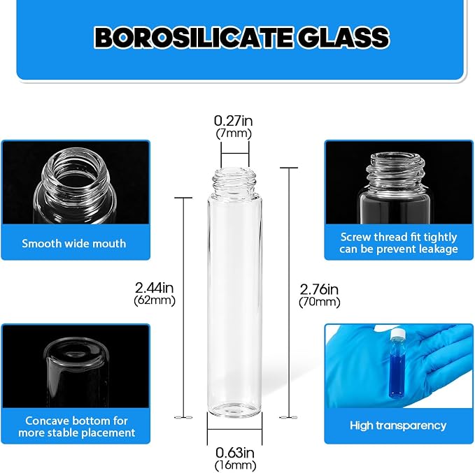 7ml Clear Glass Vials with Screw Caps and Plastic Stoppers, 2 Dram Small Liquid Sample Vial, Leak-Proof Vial, 50PCS(White Cap)