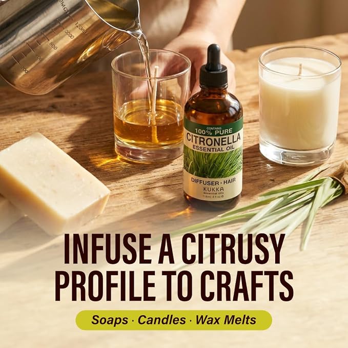 100% Pure Citronella Oil - 4 Fl Oz Citronella Essential Oil for Hair, Skin, Diffuser, Aromatherapy & DIY Soap Making Scent