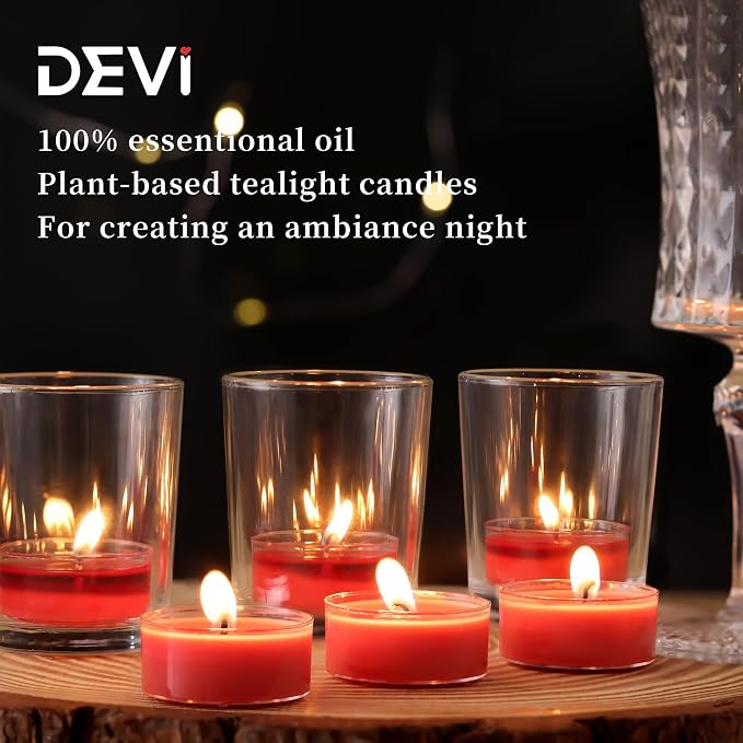DEVI Strawberry Scented Tealights Candles 48 Pack, 3.5-4 Hours Natural Palm Tea Candles Bulk for Home Scented, Red Small Votives with Essential Oils for Home Aromatherapy, Gifts