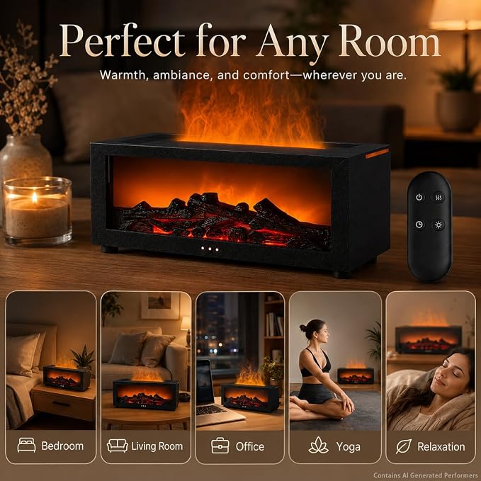 Essential Oil Diffuser, Fireplace Fire Flame Aromatherapy Diffuser, 150ml Ultrasonic CoolMist Humidifier, Scent Aroma Diffuser with 7Colors Light. Timer & Auto-Off for Home