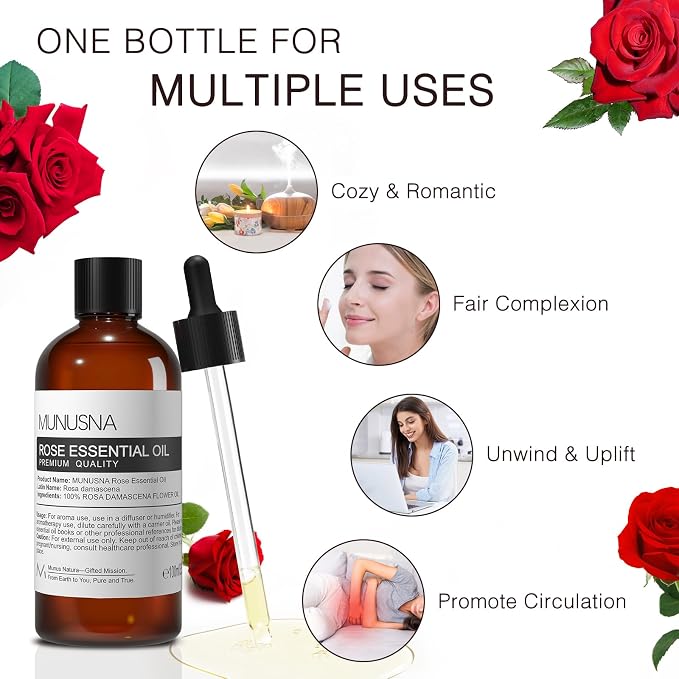 Rose Essential Oil 100ML, 100% Pure Natural Rose Oil for Hair Face Skin Care, Premium Grade Essential Oils for Diffuser, Skin, Care Massage, Yoga, Bath, Soap and Candle Making