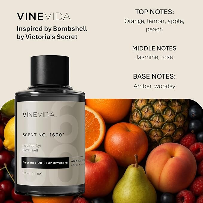 VINEVIDA [4 Fl Oz] Scent NO. 1600 Fragrance Oil for Cold Air Diffusers, Aromatic Notes of Amber Fruity Jasmine, Essential Oils for Diffuser Oil Refill & Air Freshener Room Spray
