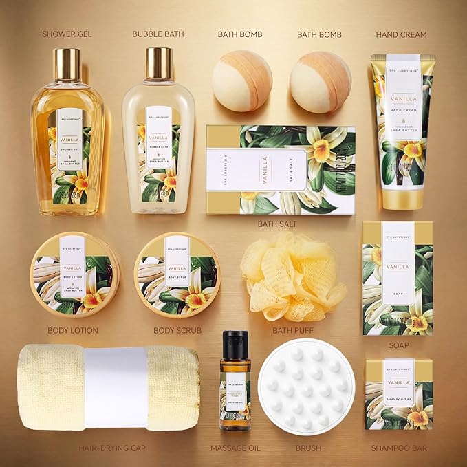 Gifts for Women, Spa Luxetique Gift Baskets for Women,15 Pcs Vanilla Spa Gifts for Womens, Women's Gifts with Bubble Bath, Bath Salt, Bath Bombs, Birthday Gift Christmas Spa Baskets