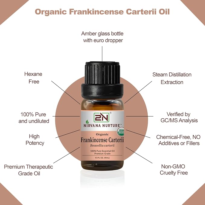 Frankincense Carterii Essential Oil, USDA Certified Organic, 100% Pure Undiluted, Aromatherapy Oil for Diffuser, Hair & Skin Care