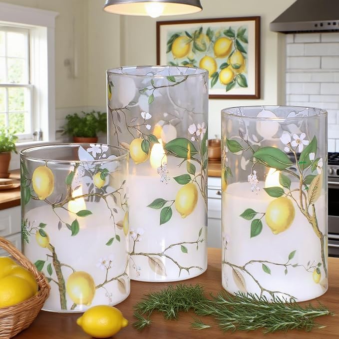 Flameless LED Candles with Remote Lemon Decal Glass Flickering Battery Operated Candles for Home Room Party Wedding Holiday Christmas Valentine's Day Decor - Set of 3
