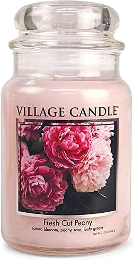 Village Candle Fresh Cut Peony Large Glass Apothecary Jar, Scented Candle, 21.25 oz.