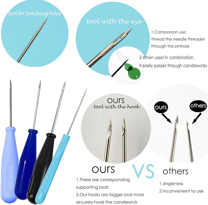 22 PCS Candle Wick Punching Tool Large-Eye Candle Needle Wick Sitting Tool with Hook & Eye Candle Making Kits to Insert Wick in Candle Mold Colored Threader for Candle Wick