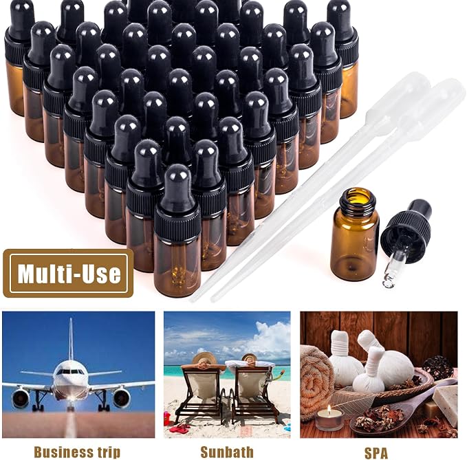 Sample Dropper Bottles, Mini Dropper Bottles with 2 Pcs Plastic Droppers for Traveling Essential Oils DIY Cosmetic Liquid Sample Perfume (Amber, 3ML)