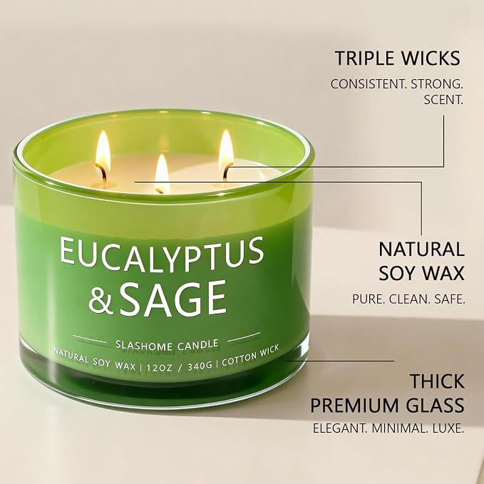 Sage & Eucalyptus Scented Candle, Luxury Large 3 Wick Soy Candle 12 Oz, 60+ Hour Long Lasting Clean Burn, Elegant Aromatherapy Home Decor, Housewarming & Birthday Gift for Men & Women