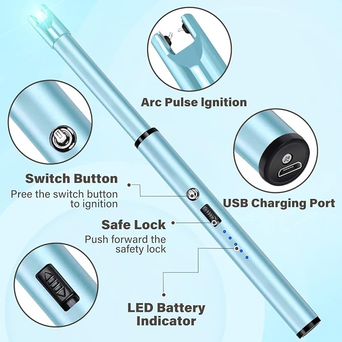Electric Candle Lighter Windproof USB Rechargeable Flameless Long Neck Lighter for Candles Gas Stove Fireplace BBQ Kitchen Grills (Sky Blue)