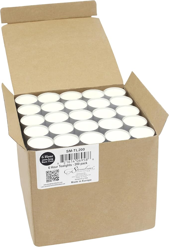 Stonebriar Unscented Long Burning White Tealight Candles, Bulk Pack, 6-7 Hour Burn Time, Smokeless Tealights for Parties, Weddings, Home, 200 Count