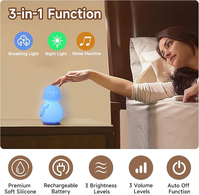 Mindfulness Tool Set with Guided Visual Meditation Breathing Lamp and 48 Positive Affirmation Cards, 3 in 1 Device with Night Light & Noise Machine, Self-Care Gift for Anxiety Relief and Relaxation