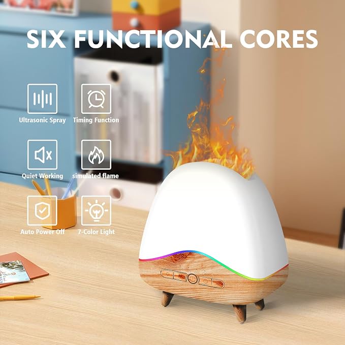 Night Light Essential Oil Diffuser with Flame, 300ML Ultrasonic Aroma Diffuser, 7 Color Lights with Remote Control, Cool Mist, Timed Mist, Auto Shut-Off for Home, Bedroom, Hotel, Office, Yoga (White)